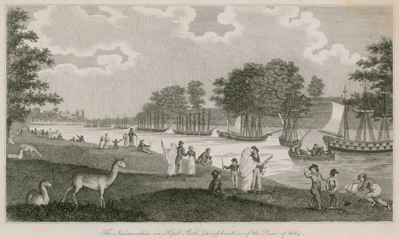Naumachia i Hyde Park för att fira freden 1814 av English School