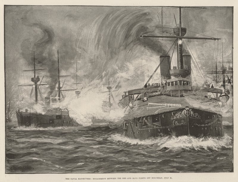 Sjömanövrarna, förlovning mellan den röda och blå flottan utanför Holyhead, 31 juli (litho) av English School