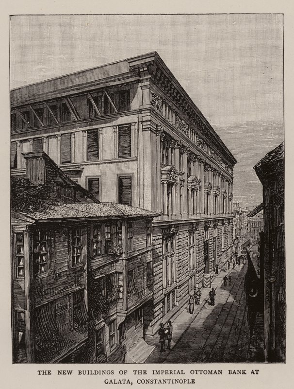De nya byggnaderna av Imperial Ottoman Bank i Galata, Konstantinopel (gravyr) av English School