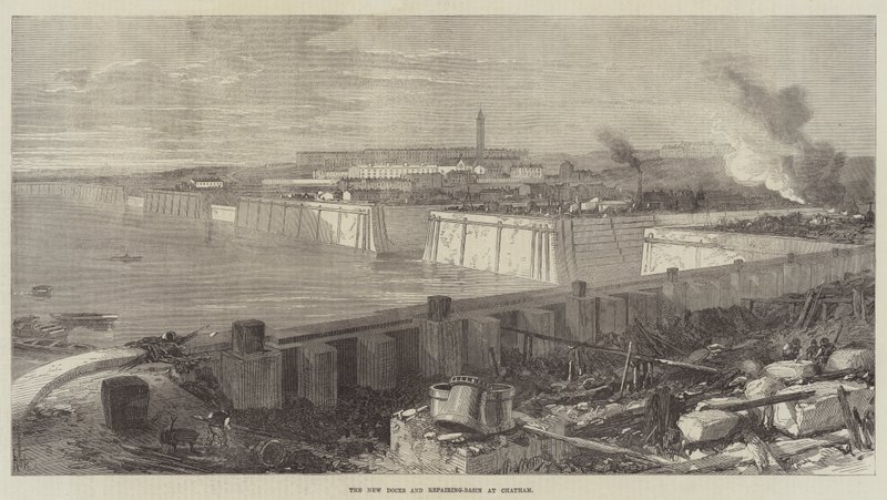 The New Docks and Repairing-Basin i Chatham (gravyr) av English School