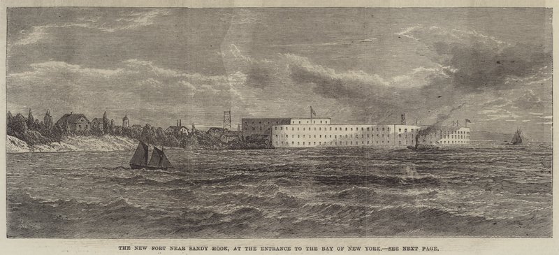 The New Fort nära Sandy Hook, vid ingången till Bay of New York (gravyr) av English School