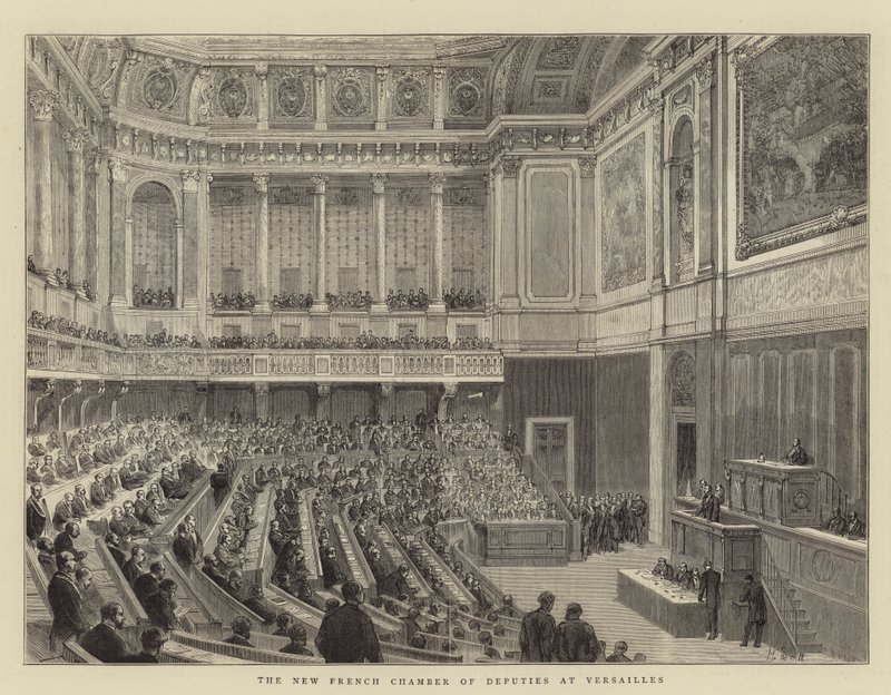 Den nya franska deputeradekammaren i Versailles (gravyr) av English School