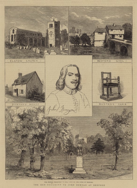 Det nya monumentet till John Bunyan i Bedford (gravyr) av English School