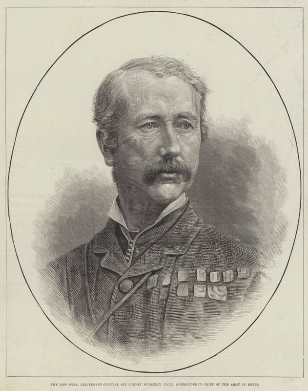 The New Peer, generallöjtnant Sir Garnet Wolseley, GCB, överbefälhavare för armén i Egypten (gravyr) av English School