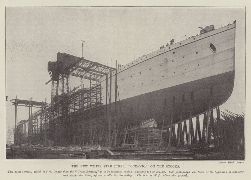 The New White Star Liner, "Oceanic," på aktierna (gravyr) av English School
