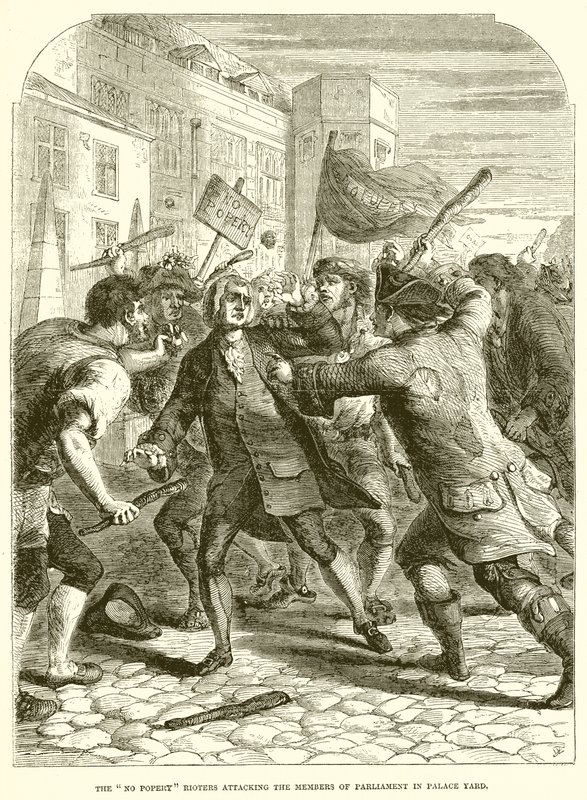 No Popery Rioters attackerar ledamöterna av parlamentet i Palace Yard av English School