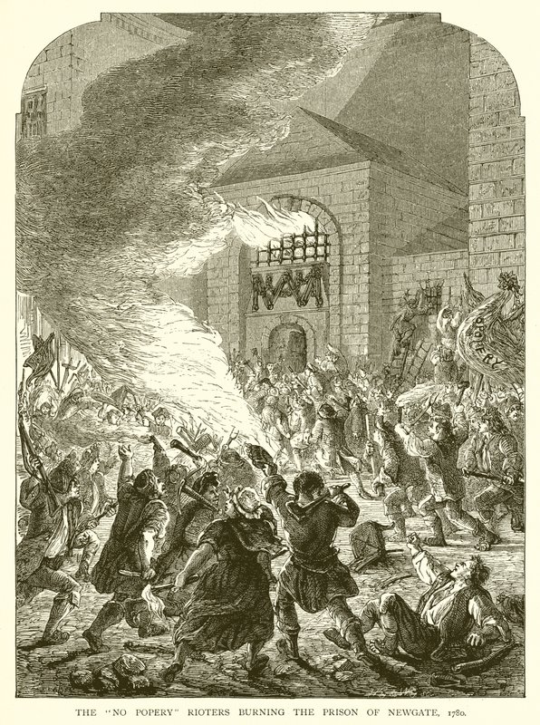 The No Popery Rioters bränner fängelset i Newgate, 1780 av English School