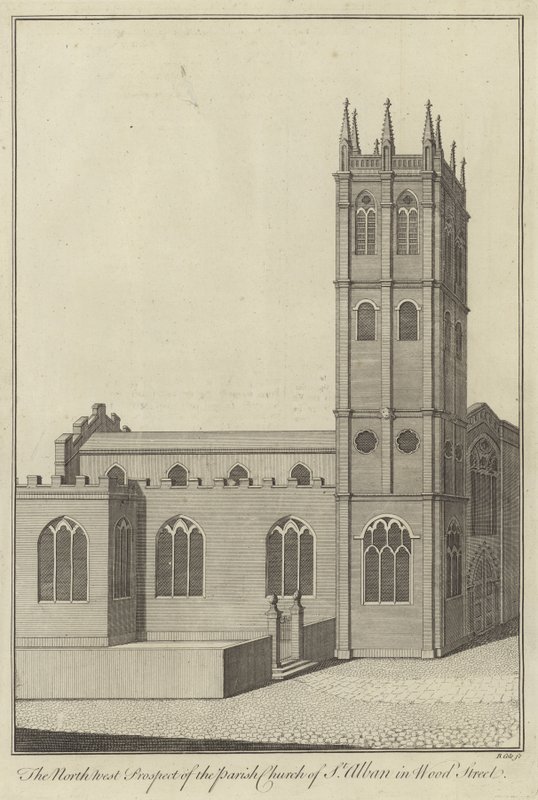 North West Prospect av Parish Church of St Alban i Wood Street, London av English School