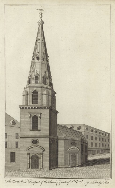 North West Prospect av Parish Church of St Anthony i Budge Row, London av English School