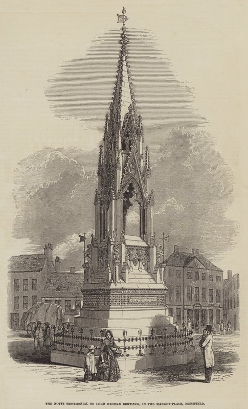 The Notts vittnesmål till Lord George Bentinck, på Market-Place, Mansfield (gravyr) av English School
