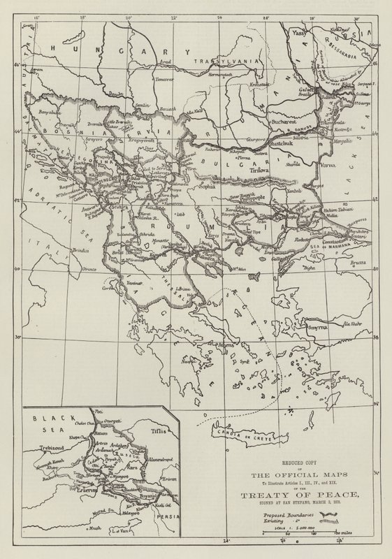 De officiella kartorna över fredsfördraget, undertecknade i San Stefano, 3 mars 1878 (gravyr) av English School