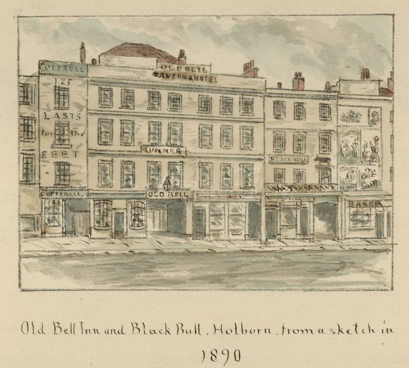 The Old Bell Inn and Black Bull, Holborn, London (wc på papper) av English School