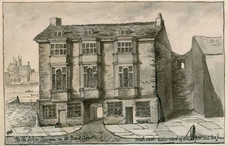 The Old Falcon Tavern på Banksidan, som den såg ut år 1805 av English School