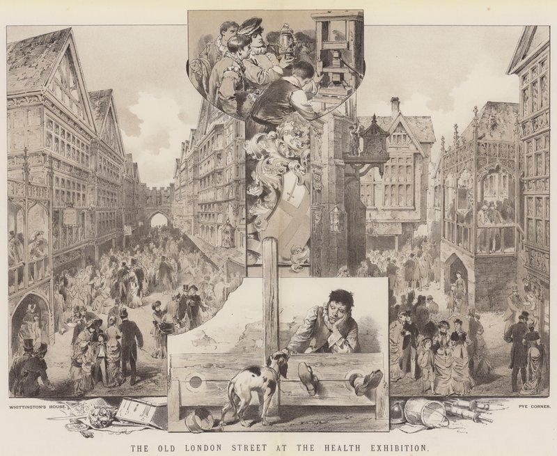 The Old London Street på hälsoutställningen (färg litho) av English School