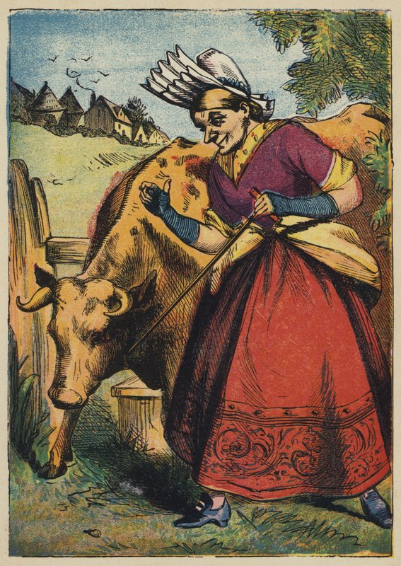 Den gamla kvinnan och kon (färg litho) av English School