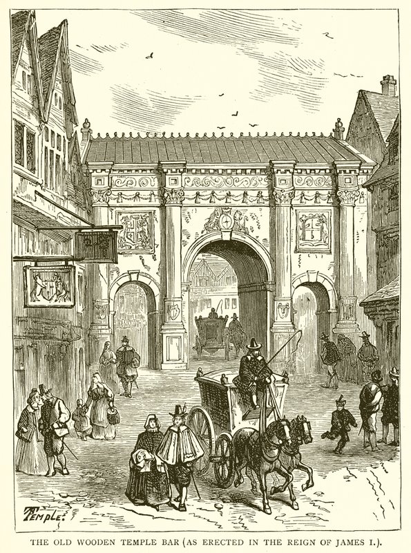 The Old Wooden Temple Bar (som uppfördes under Reign of James I) av English School
