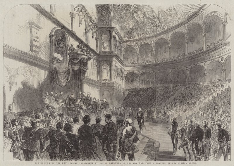 Öppnandet av det nya italienska parlamentet av Victor Emmanuel den 18:e Ult (gravyr) av English School
