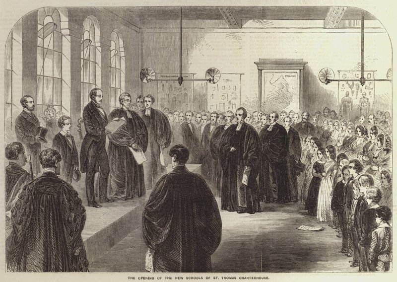 Öppnandet av de nya skolorna i St Thomas Charterhouse (gravyr) av English School