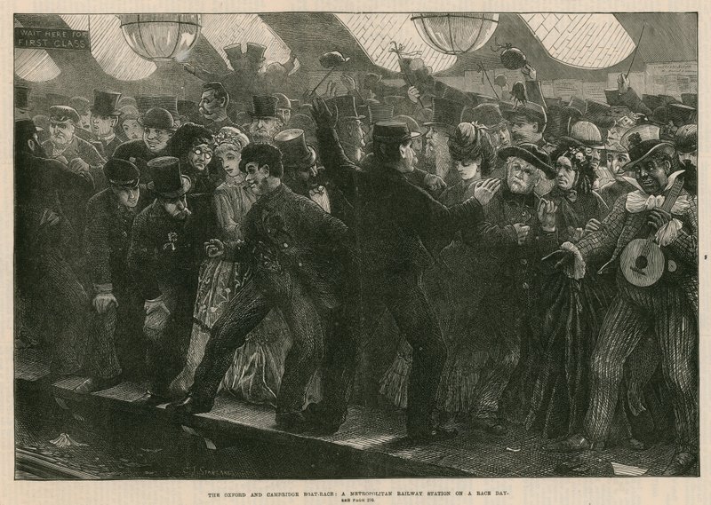 Oxford and Cambridge boat-race: En storstadsjärnvägsstation på en tävlingsdag av English School