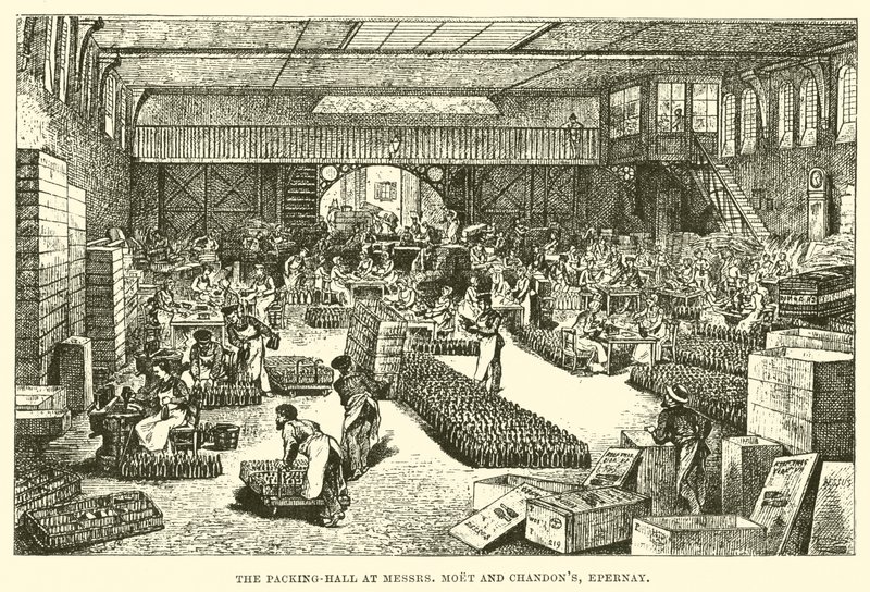 Packningshallen vid Mrs Moet och Chandon, Epernay (gravyr) av English School
