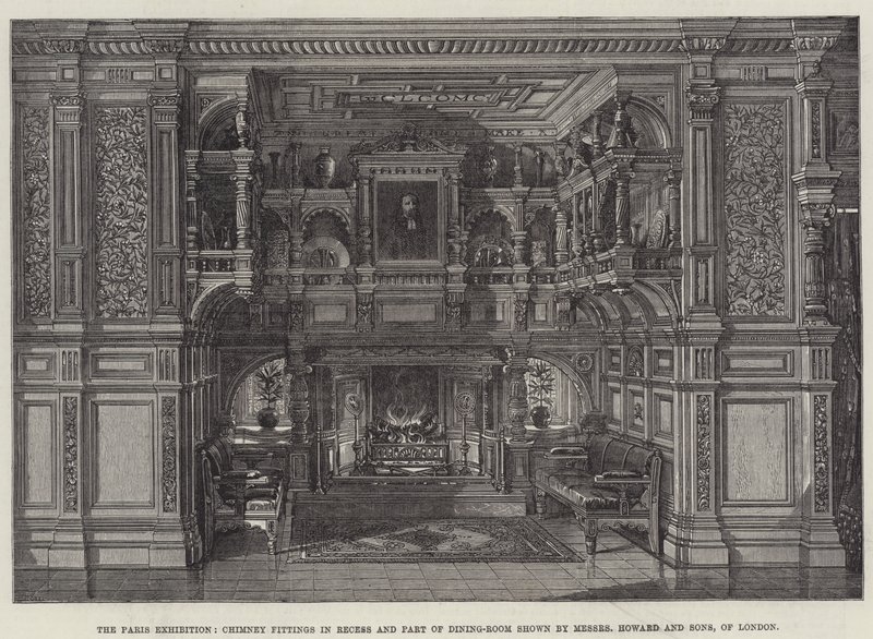 Parisutställningen, skorstensbeslag i fördjupning och del av matsalen visad av Messers Howard and Sons, London (gravyr) av English School