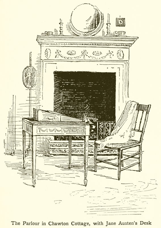 The Parlor i Chawton Cottage, med Jane Austens skrivbord av English School