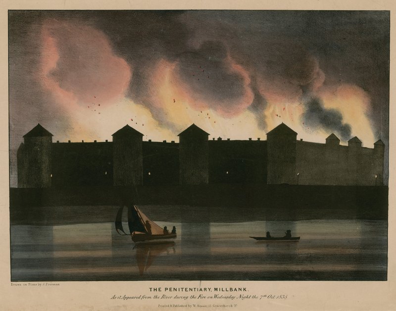 Penitentiary, Millbank, London, som det såg ut från floden under branden natten till den 7 oktober 1835 av English School