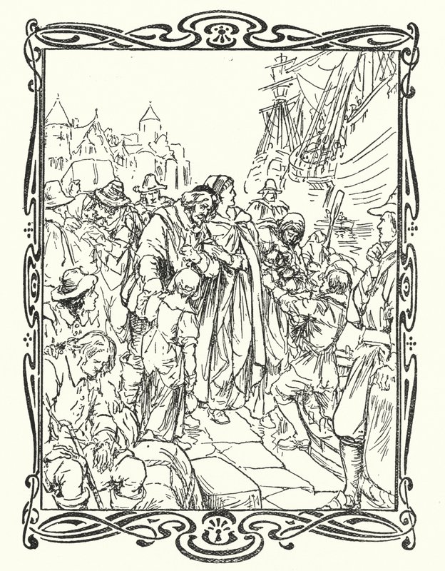 Pilgrimsfäderna (färg litho) av English School