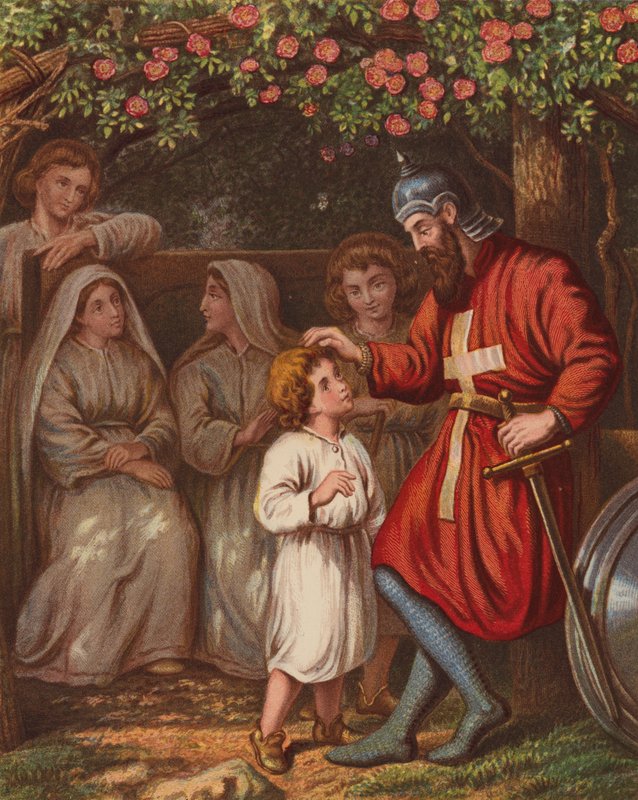 Pilgrimerna vilar i prinsens berså (färglitografi) av English School