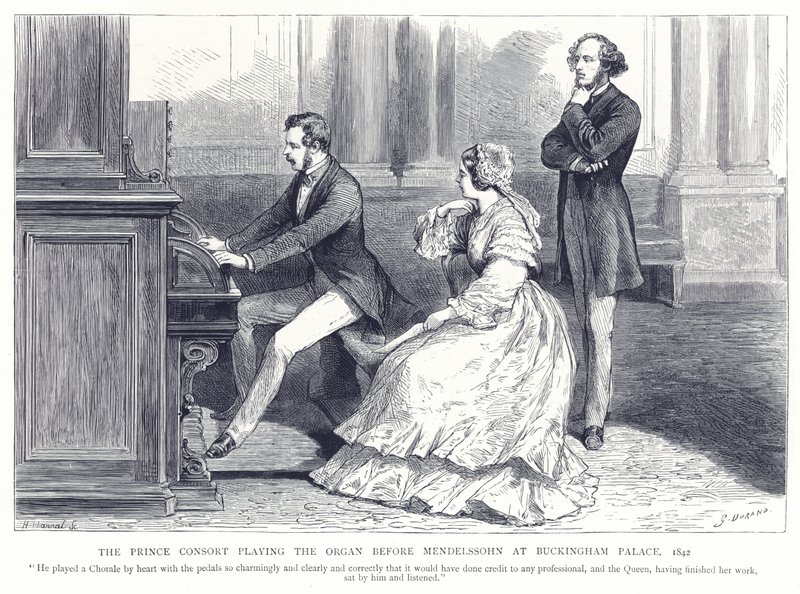 Prinsgemalen spelar orgel före Mendelssohn på Buckingham Palace, 1842 av English School