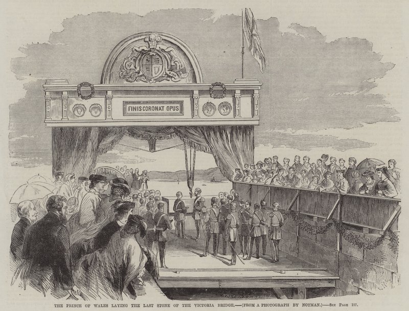 Prinsen av Wales lägger den sista stenen på Victoria Bridge (gravyr) av English School