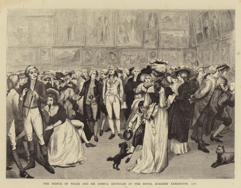 Prinsen av Wales och Sir Joshua Reynolds på Royal Academy Exhibition av English School