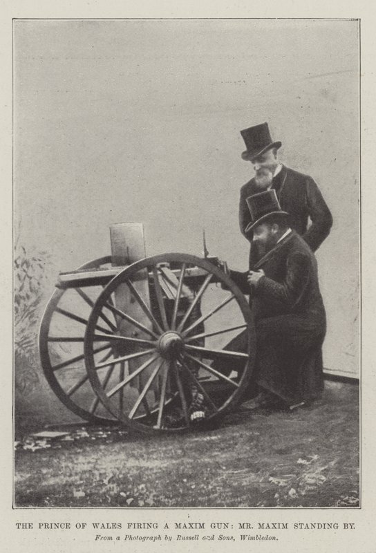 Prinsen av Wales avfyrar en Maxim Gun, Mr Maxim står vid sidan (gravyr) av English School