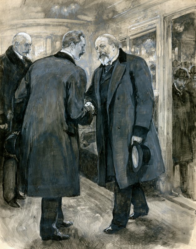 Prinsen av Wales hälsar den tyska kejsaren, Charing Cross Station, 20 januari 1901 (wc på papper) av English School
