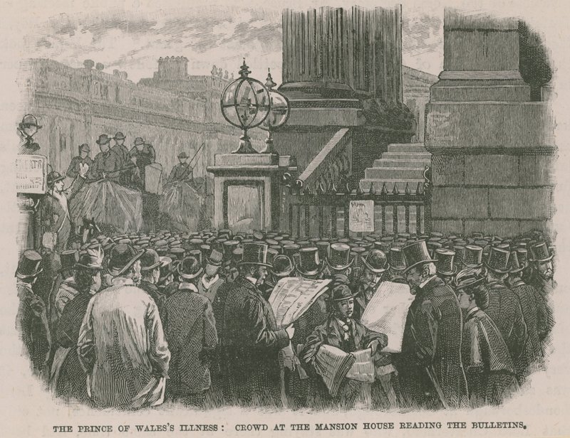 Prinsen av Wales sjukdom: Folkmassa på Mansion House som läser bulletinerna av English School