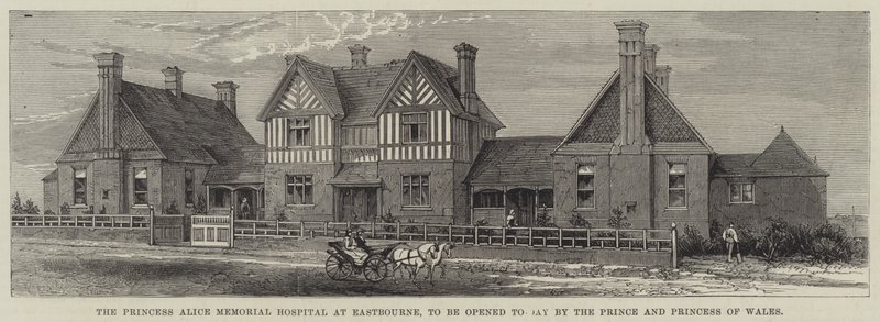 Princess Alice Memorial Hospital i Eastbourne, som öppnas idag av prinsen och prinsessan av Wales (gravyr) av English School