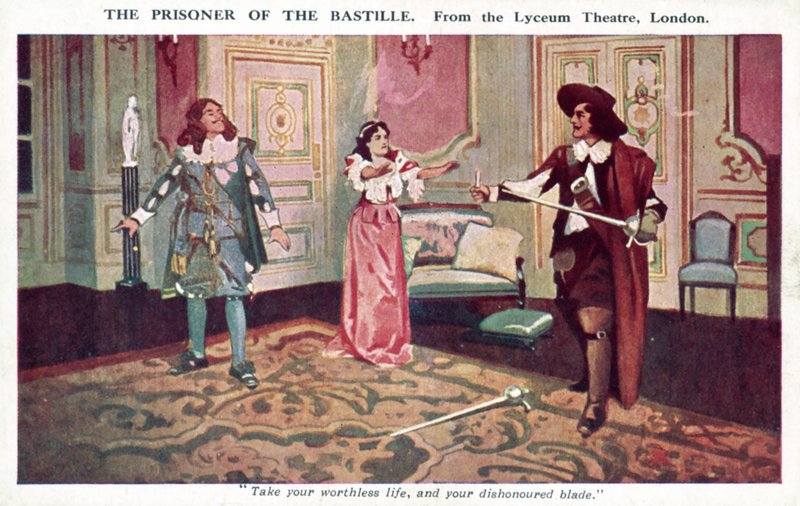 The Prisoner of the Bastille, från Lyceum Theatre, London (färg litho) av English School