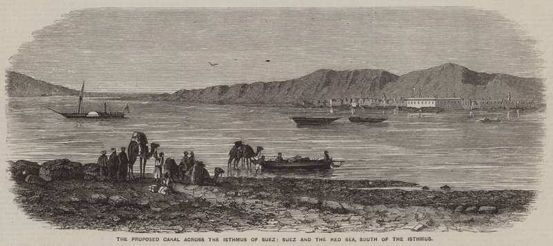 Den föreslagna kanalen över Sueznäset, Suez och Röda havet, söder om näset (gravyr) av English School