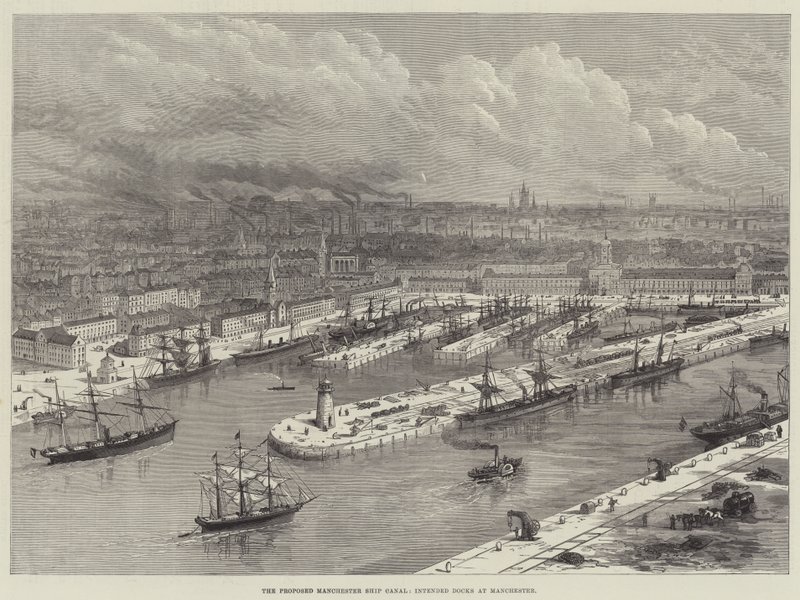 Den föreslagna Manchester Ship Canal, avsedda hamnar vid Manchester (gravyr) av English School