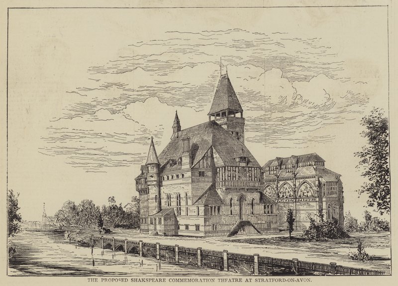 Den föreslagna Shakspeare Commemoration Theatre i Stratford-on-Avon (gravyr) av English School