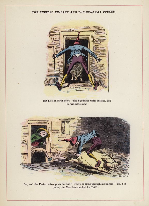 Den förbryllade bonden och den flyktiga fläsaren (litho i färg) av English School