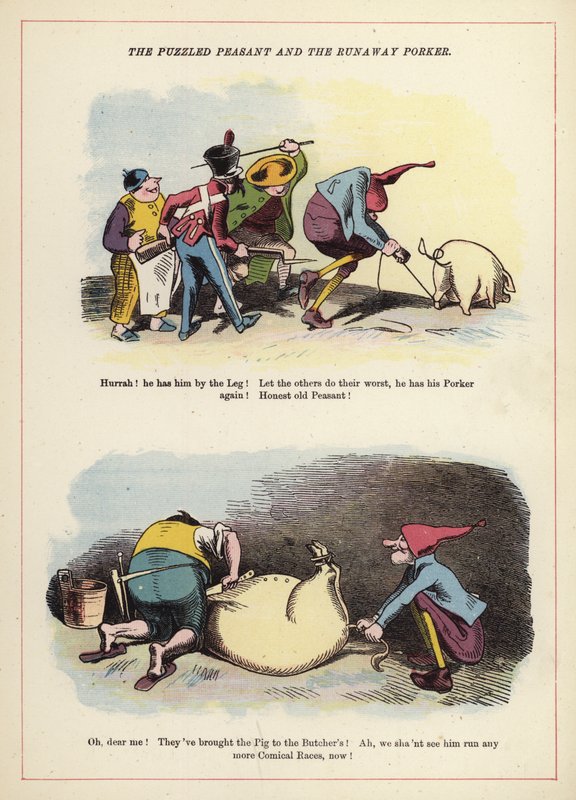 Den förbryllade bonden och den flyktiga fläsaren (litho i färg) av English School