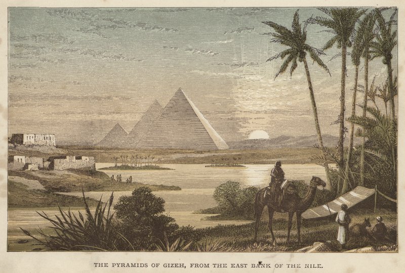Pyramiderna i Gizeh, från Nilens östra strand (färgad gravyr) av English School