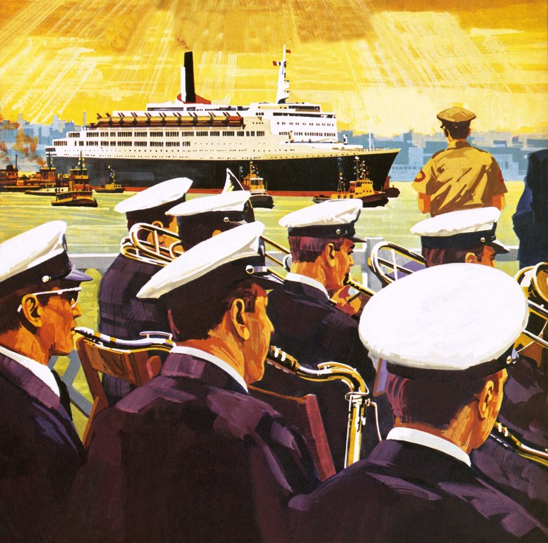 QE2:an anländer till hamnen i New York på ön Manhattan av English School