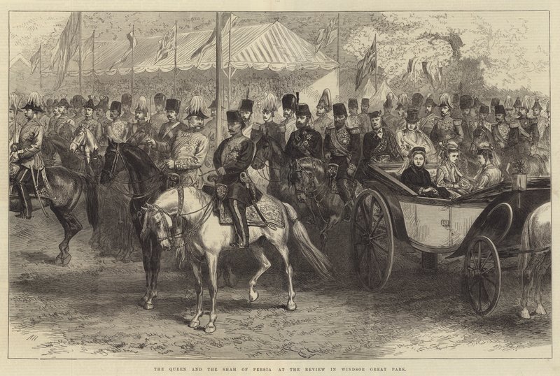 Drottningen och Shahen av Persien vid granskningen i Windsor Great Park (gravyr) av English School