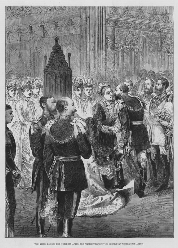 Drottningen kysser sina barn efter Jubilee Thanksgiving Service i Westminster Abbey (gravyr) av English School
