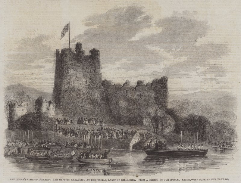 Drottningens besök i Irland, Hennes Majestät går ombord på Ross Castle, Lakes of Killarney (gravyr) av English School