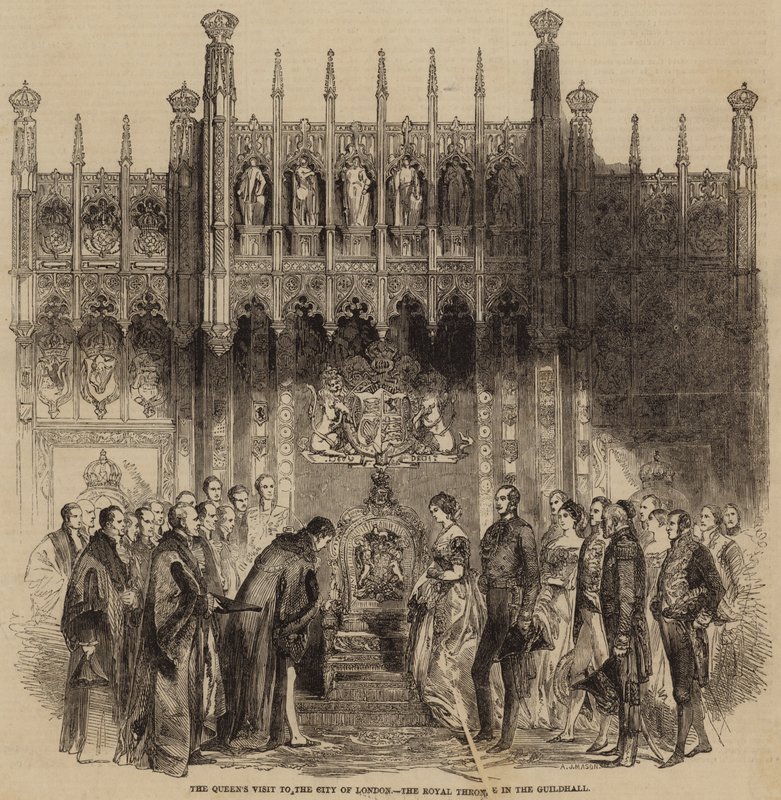 Drottningens besök i staden London, den kungliga tronen i Guildhall (gravyr) av English School