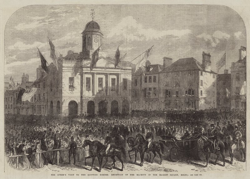 Drottningens besök vid den skotska gränsen, Hennes Majestäts mottagning på marknadstorget, Kelso (gravyr) av English School
