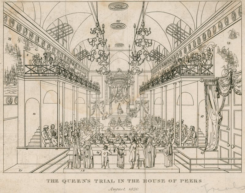 Queens-rättegången i House of Peers, augusti 1820 av English School